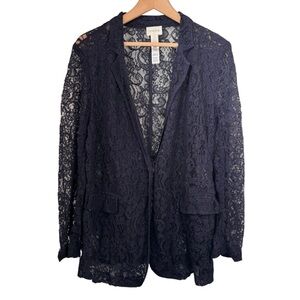 Chicos Navy Blue Lace Blazer Jacket Size 2 Large Sheer Pockets Snap Button